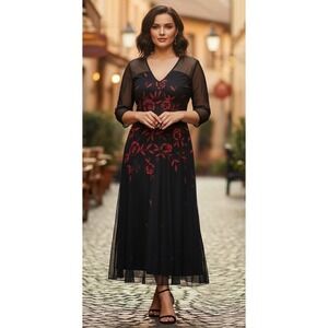 Unbranded Dress Womens Black Floral Sheer 3/4‎ Slev Witchy Goth Ball Gown Size M